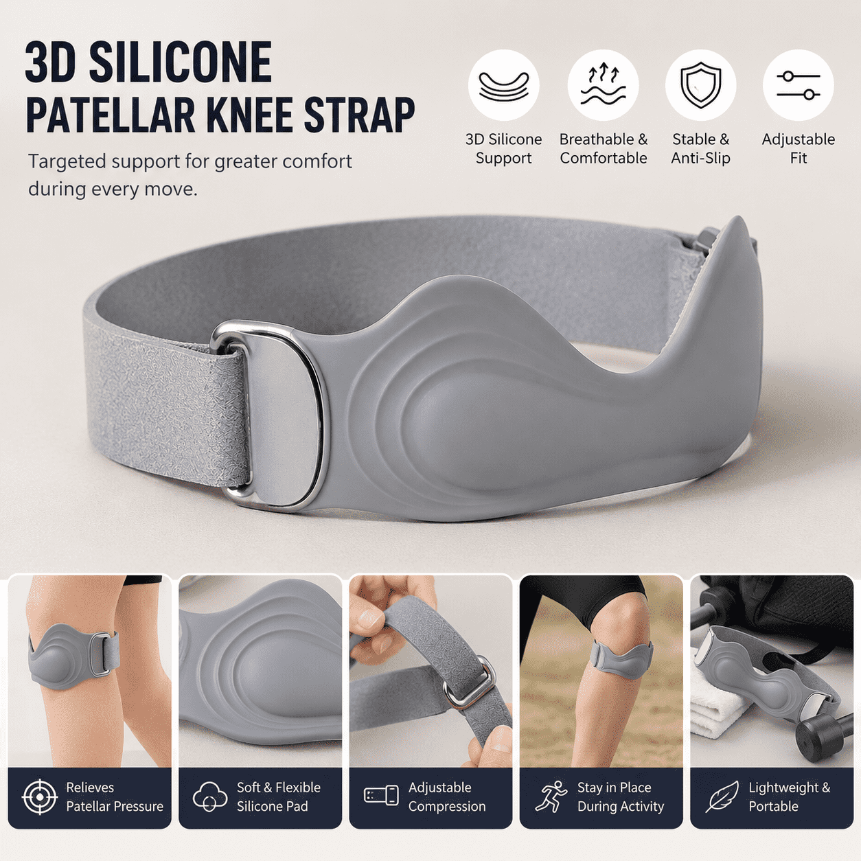 3D Silicone Knee Strap | Adjustable Patellar Support Brace