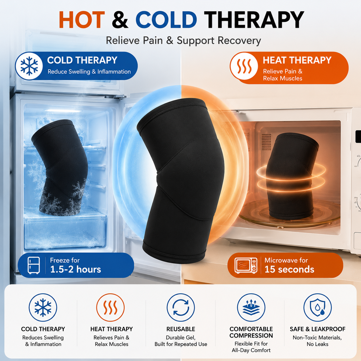 Reusable Gel Knee Wrap for Hot & Cold Therapy | Compression Support for Knee Pain