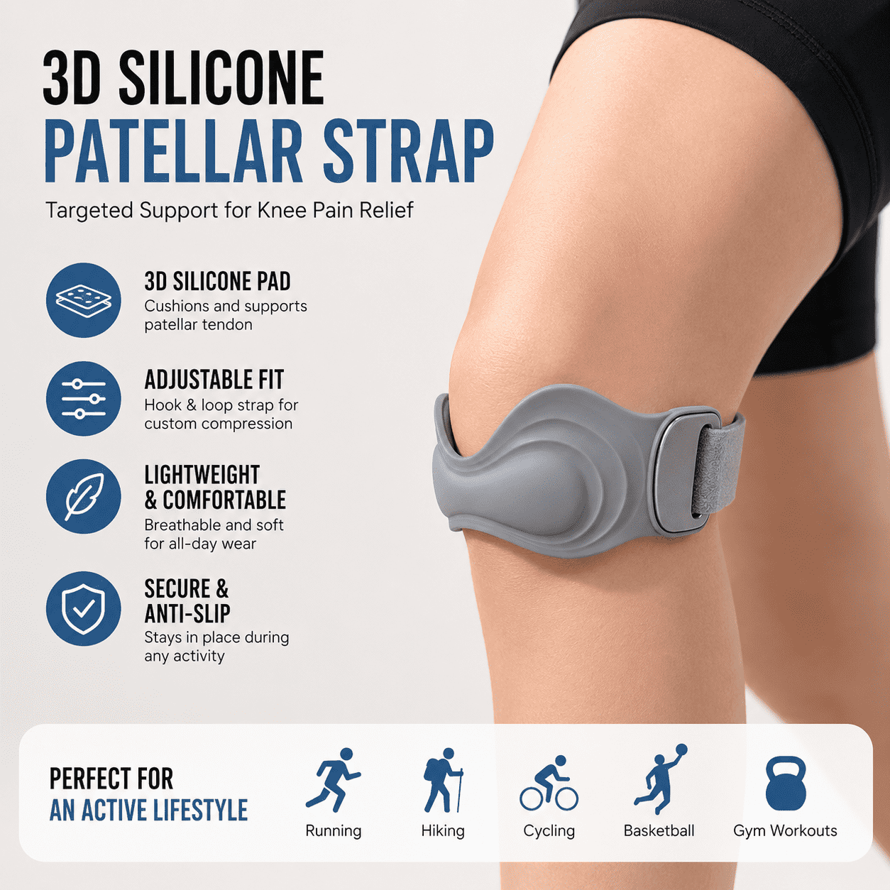 3D Silicone Knee Strap | Adjustable Patellar Support Brace